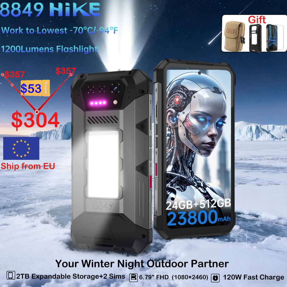 8849 randonnée Unihertz Smartphone robuste 23800mAh 24GB + 512GB extensible 2 to 1200 lumens lampe de poche Android14 deux haut-parleurs 6.79 ''120Hz