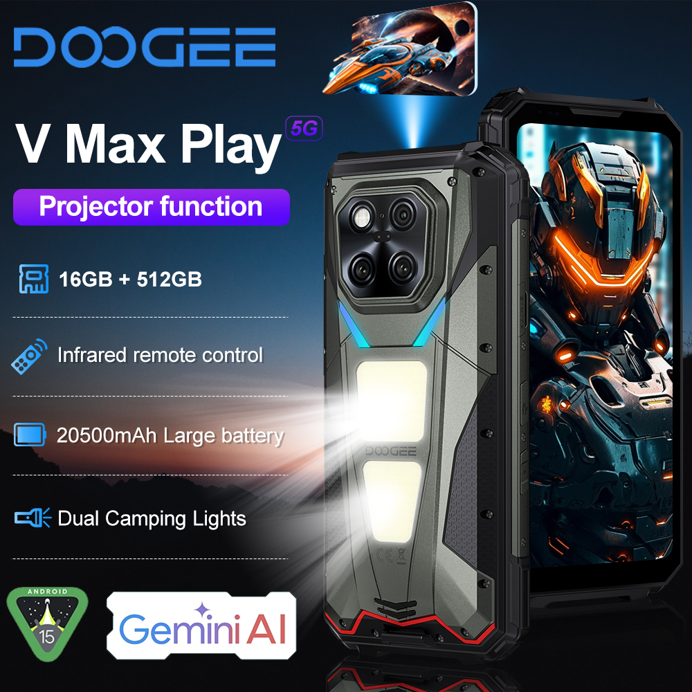 DOOGEE V Max Play Projecteur Téléphone Robuste Écran 6,78" Double Camping Lumières Appel Smartphone 5G 16 Go + 512 Go 20500 mAh Android 15 NFC