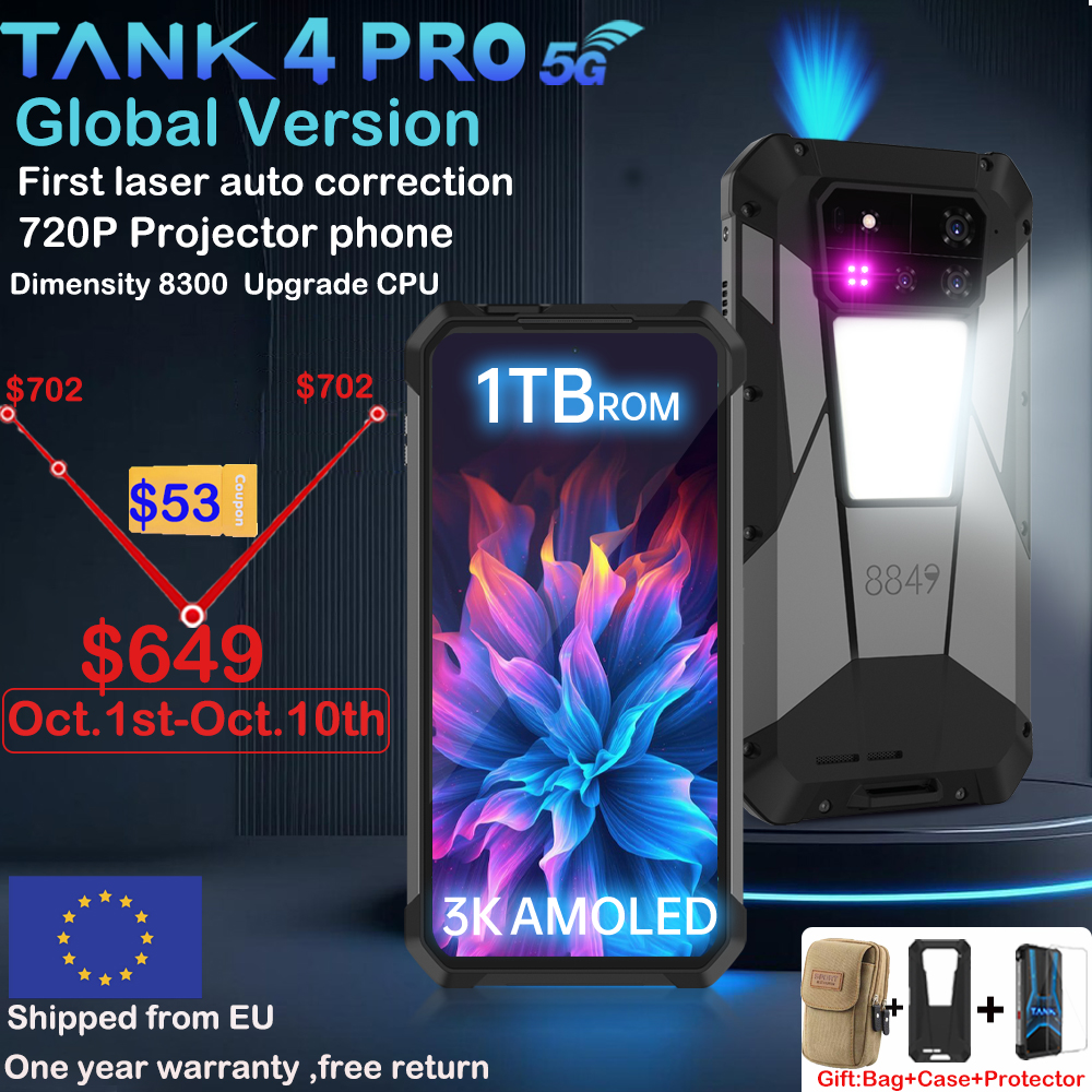 8849 Tank 4 Pro Unihertz 5G projecteur robuste Smartphone 36G 1 to Android 14 téléphone de sport 11600 mAh dimension 8300 AMOLED 120 HZ
