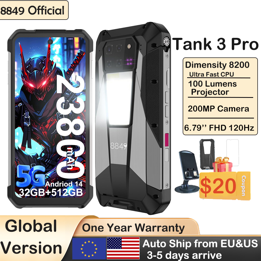 8849 Tank 3 Pro Unihertz Smartphones robustes projecteur Android 5G 23800mAh 512GB 36GB 200 MP caméra dimension 8300 téléphone portable