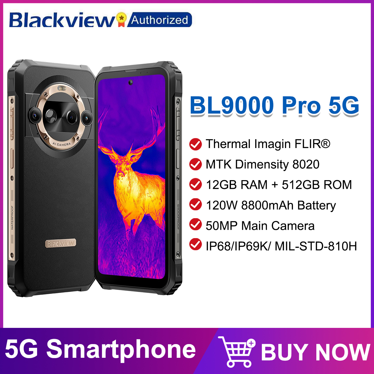 Blackview BL9000 PRO 5G Smartphone robuste 6,78'' 2,4K 12 Go 512 Go Caméra d'imagerie thermique FLIR ®   8800mAh 120W Android 14 NFC
