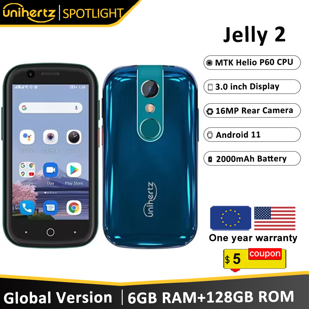 Unihertz-Mini Smartphone Jelly 2 4 "Android 11, Helio P60 Octa Core, débloqué, 6 Go, 128 Go, téléphone portable NDavid, téléphone infrarouge 16MP