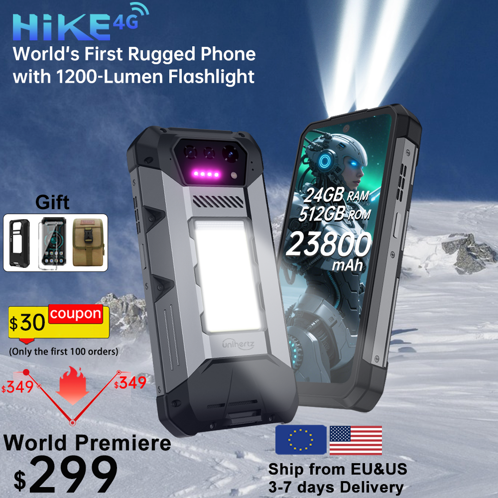 Unihertz Hike 8849 Smartphone robuste Android 14 avec 1200 lumens 200 mètres lampe de poche 23800mAh 12GB + 512GB G200 CPU double haut-parleur