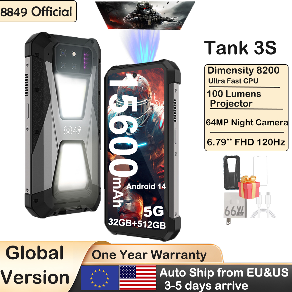 8849 Tank 3S Unihertz Smartphone robuste avec projecteur 5G 12/16GB RAM 256/512GB ROM dimension 8200 64MP Vision nocturne double Sim