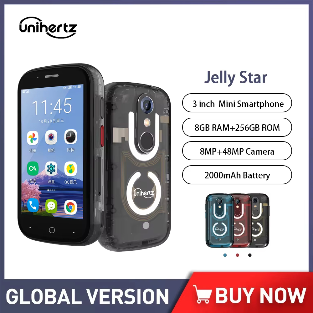 Unihertz-Smartphone Jelly Star, le plus petit smartphone Android 13, 8 Go, 256 Go, lumière LED, débloqué, coque arrière transparente, téléphone portable de rechange