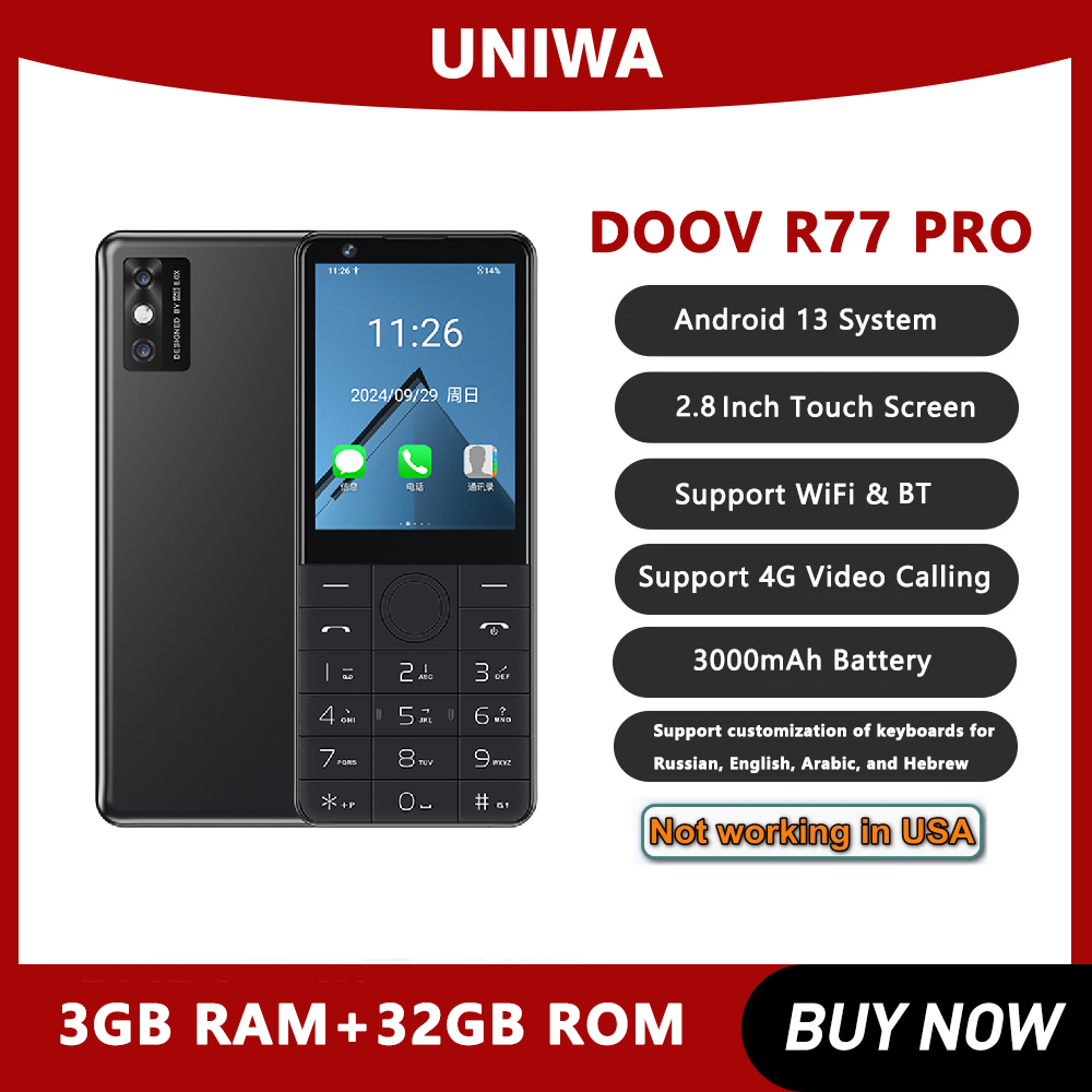 DOOV R77 pro 4G écran tactile intelligent 2.8 pouces clavier téléphone portable 3GB + 32GB 3000mAh Android 13 Whatsapp