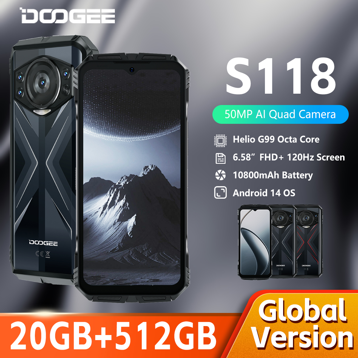 DOOGEE S118 Smartphone robuste 20 Go (8 Go + 12 Go étendu) 512 Go 6,58 "FHD + écran 50 MP caméra Android 14 téléphone portable
