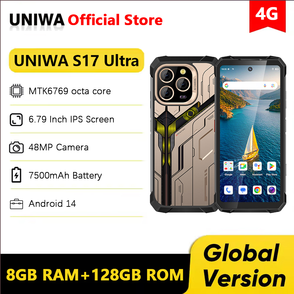 UNIWA S17 Ultra 4G Smartphone robuste Android 14 6.7 pouces 6GB + 128GB téléphone portable indestructible ATEX 7500mAh 33W vision nocturne NFC