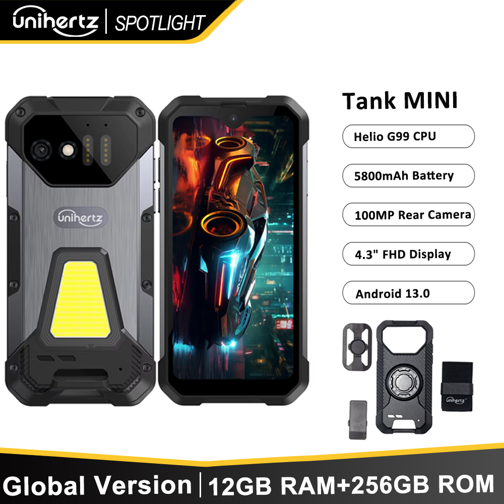 Unihertz 8849 Tank Mini Smartphone robuste 4.3 pouces petit téléphone portable 24GB + 256GB Android 13 5800mAh 100MP caméras IP68/IP69K téléphone
