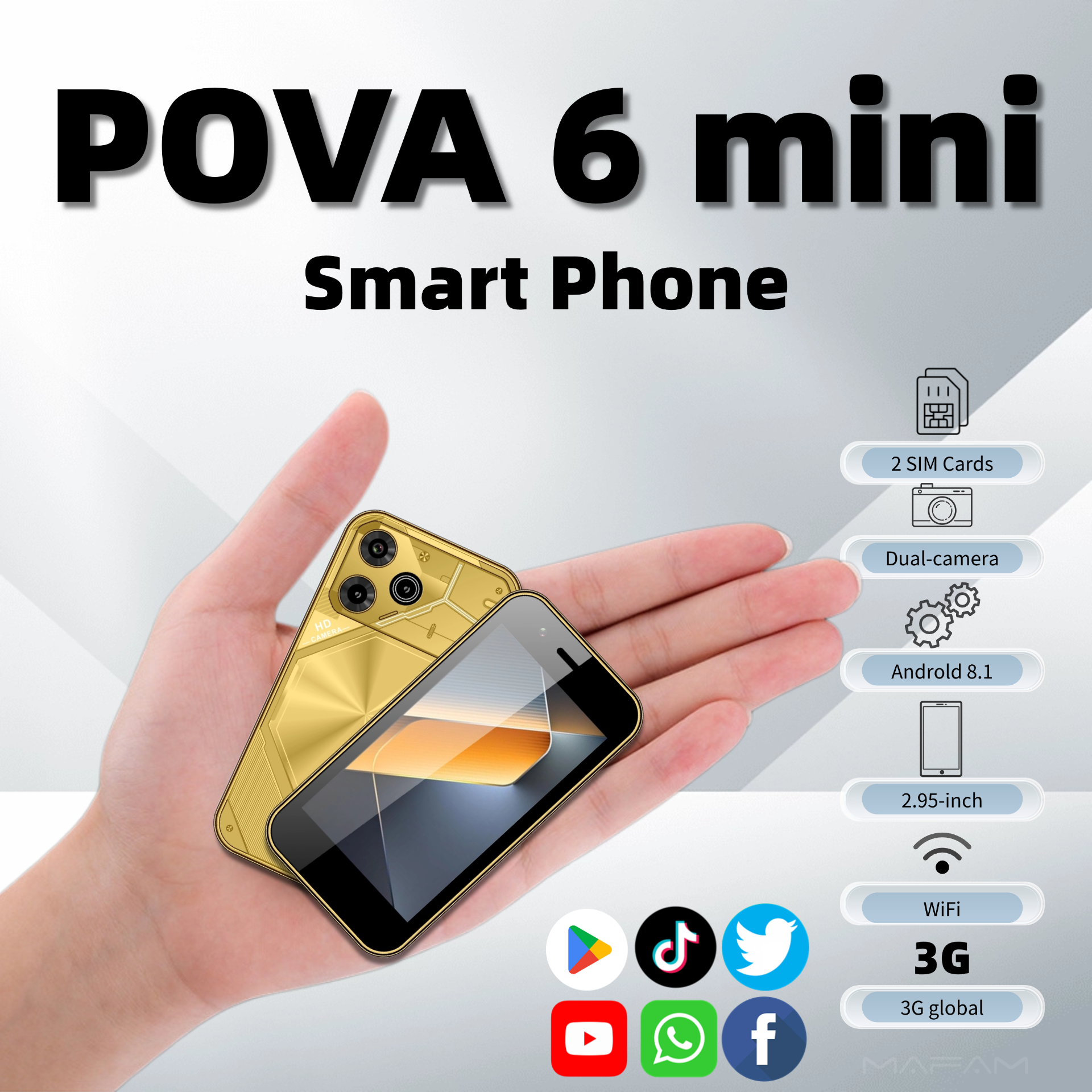Mini téléphone portable intelligent 3G WCDMA, système d'exploitation Android 8.1, écran de 2.95 pouces, touristes, Epi2 Go + 16 Go, deux caméras, WiFi Hotspot, format de poche, Google Play