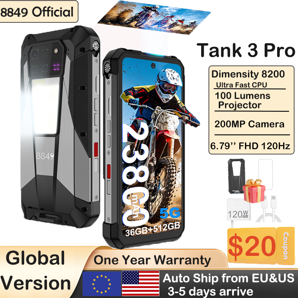 8849 Tank 3 Pro Unihertz projecteur robuste Smartphone 23800mAh 5G Android14 téléphone extérieur 512GB + 36GB 120W charge rapide double Sim