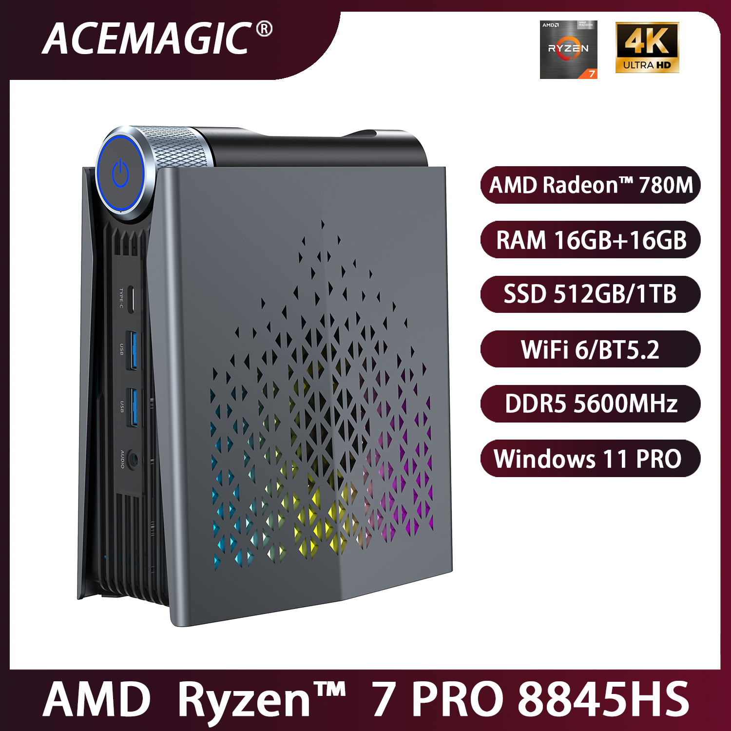 ACEMAGIC S3A Mini PC de jeu AMD Ryzen R7-8845HS NUCBOX Fenêtre 11 Pro AMD Radeon ™   780M 16/32 Go 512 Go/1 To DDR5 5600 MHz WiFi6 BT5.2