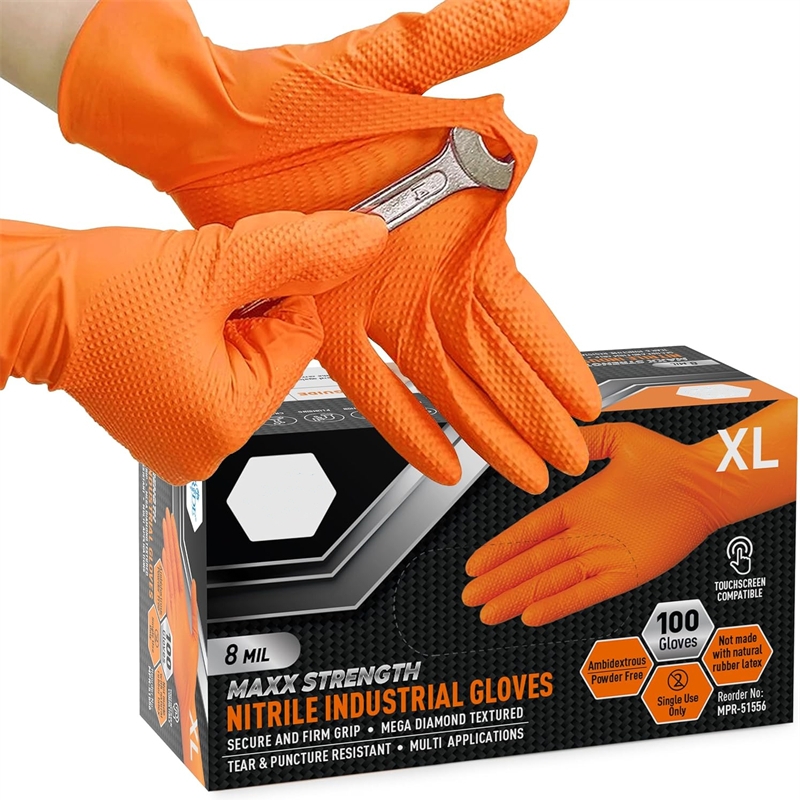 Gants en Nitrile Orange robustes, gants jetables industriels de 8 milles avec poign