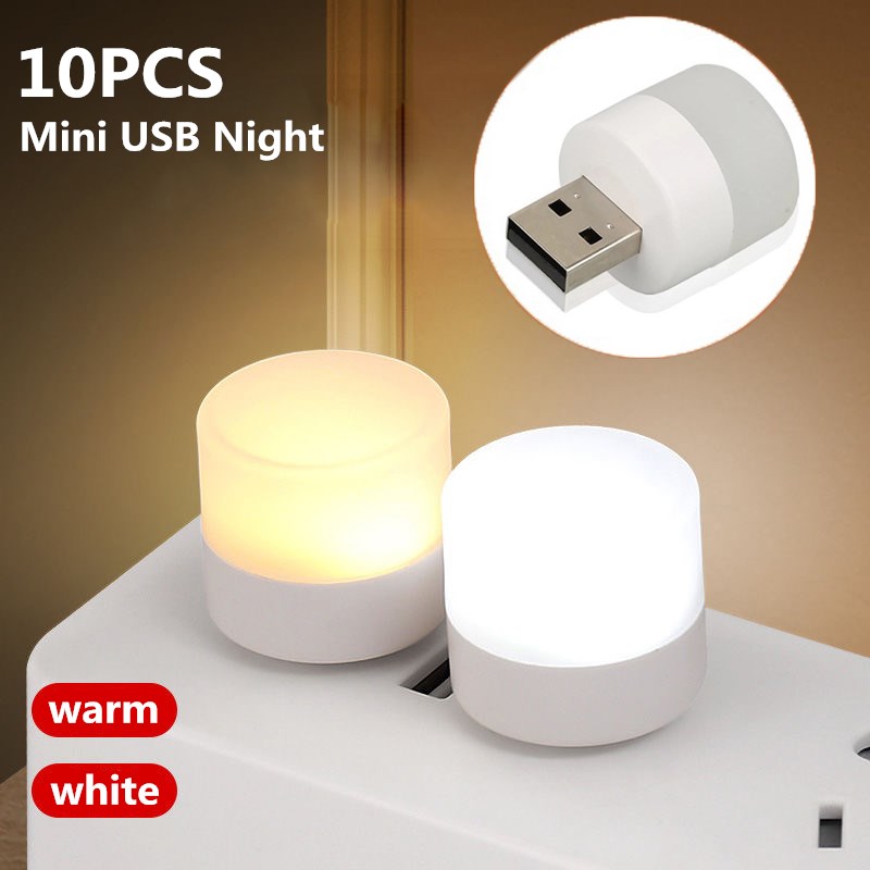 Mini veilleuse LED blanche chaude avec prise USB, protection des yeux, lampe de lecture pour ordinateur, charge mobile, 1 pièce, 10 pièces