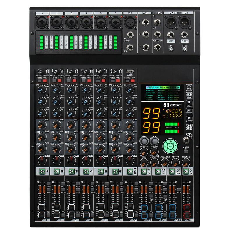 COOYINK 8 canaux mélangeur Audio 2*99 DSP 3 groupe Aux envoyer Console numérique professionnelle Console de mixage sonore avec Bluetooth MP3 USB