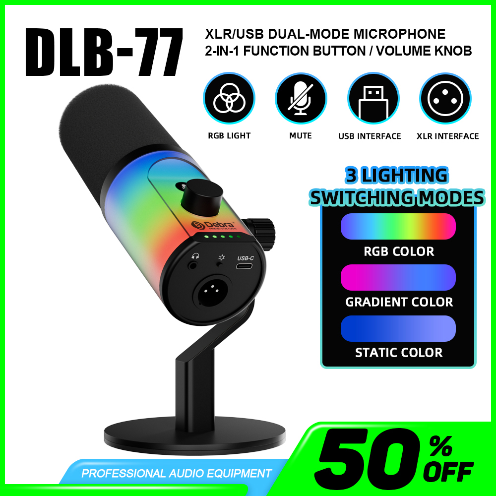 Microphone dynamique XLR USB professionnel avec lumières RVB, 3 Modes d'enregistrement, micro à condensateur cardioïde pour diffusion d'enregistrement de Podcast