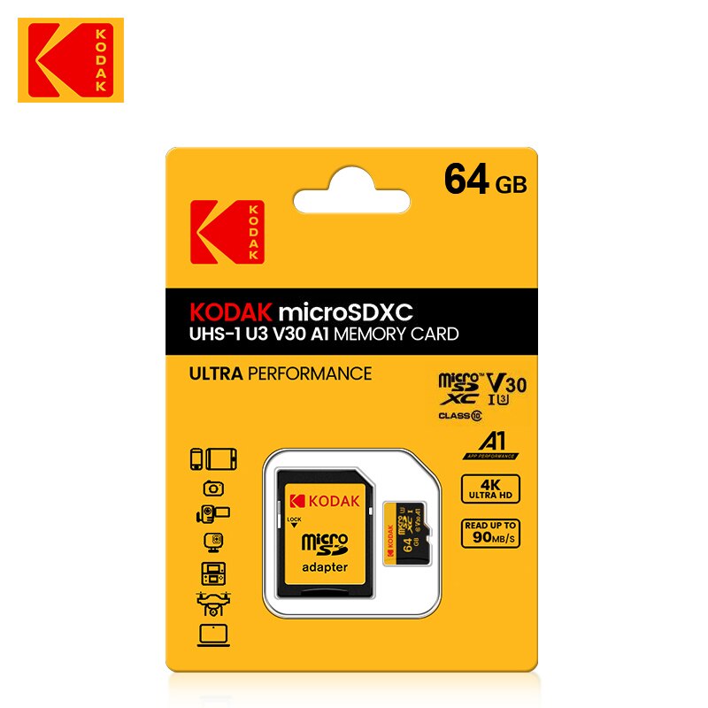 KODAK Micro SD 512GB 256GB carte mémoire jusqu'à 100 mo/s C10 U3 32GB 64GB 128GB TF carte 4K HD pour adaptateur de lecteur de carte USB Microsd