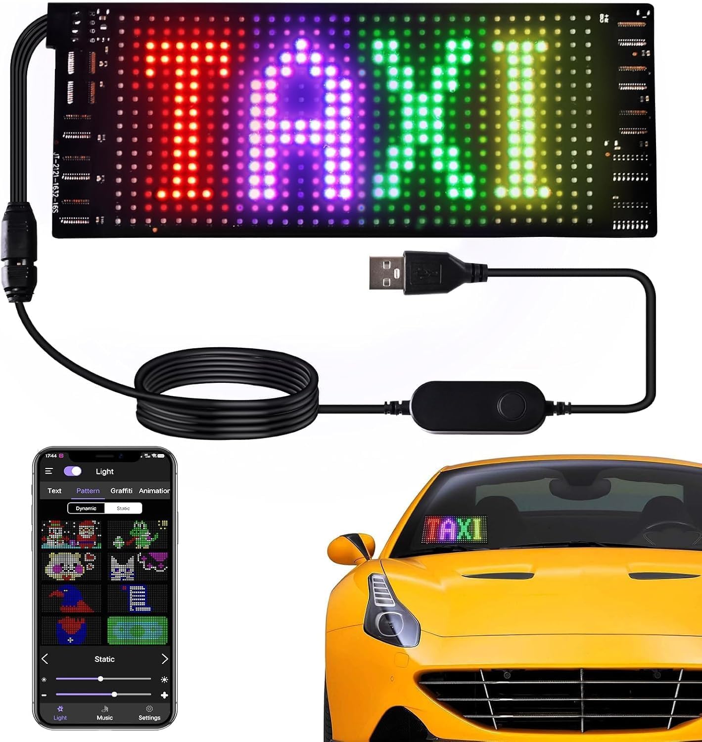 Panneau LED Bluetooth App/télécommande Flexible Programmable, lumières intérieures de voiture USB 5V, panneau matriciel à motif de texte personnalisé 17x7 cm