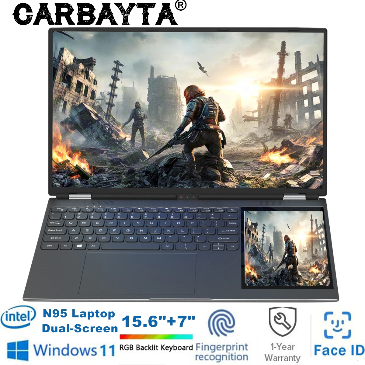 CARBAYTA 15.6 "+ 7" ordinateur portable double écran, Intel N95 32GB/16GB DDR4 RAM, clavier rétroéclairé rvb 7 "écran tactile ordinateur portable