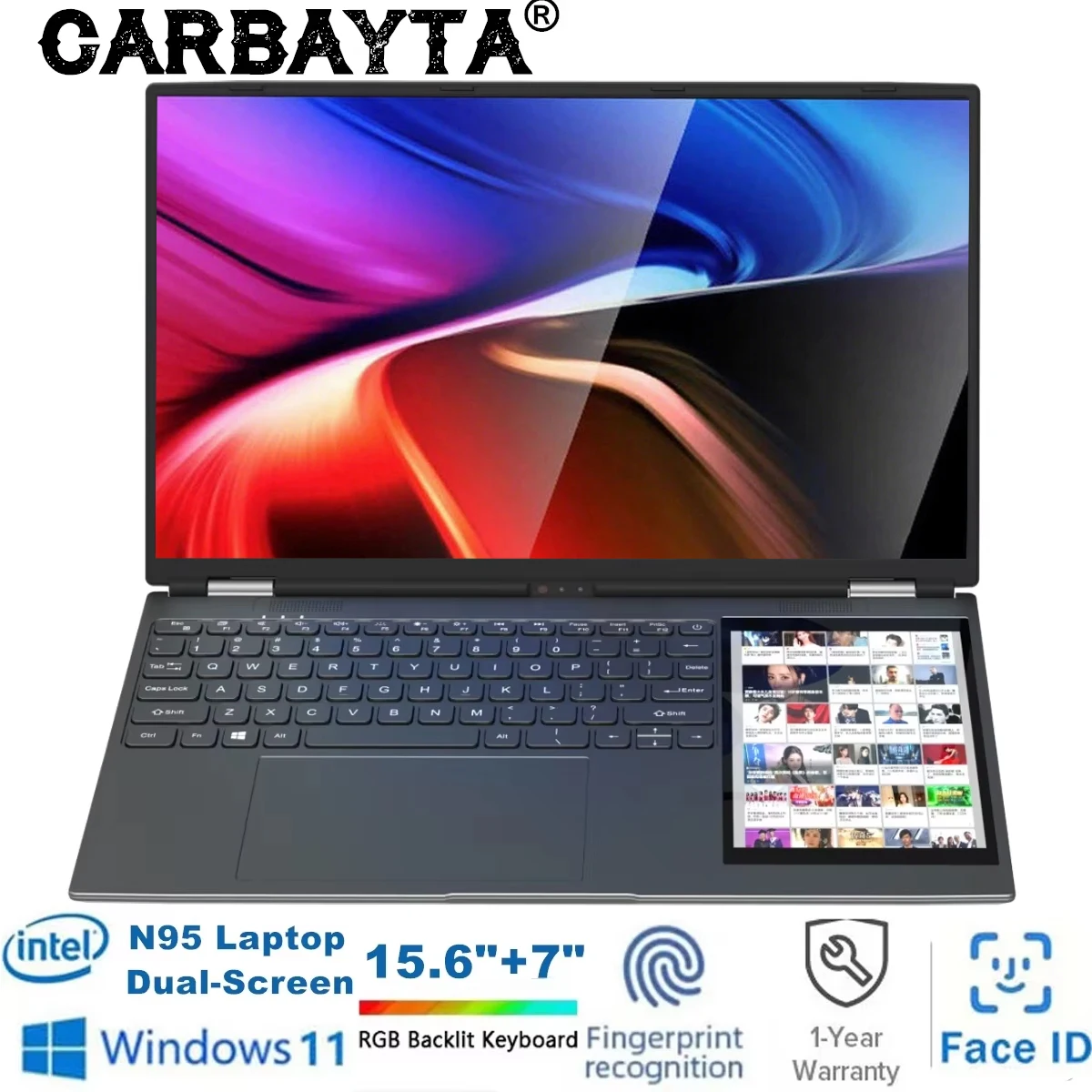 Ordinateur portable professionnel 15.6 "+ 7" ordinateur double écran, Intel N95 32GB/16GB DDR4 RAM, clavier rétroéclairé rvb 7 "écran tactile ordinateur portable