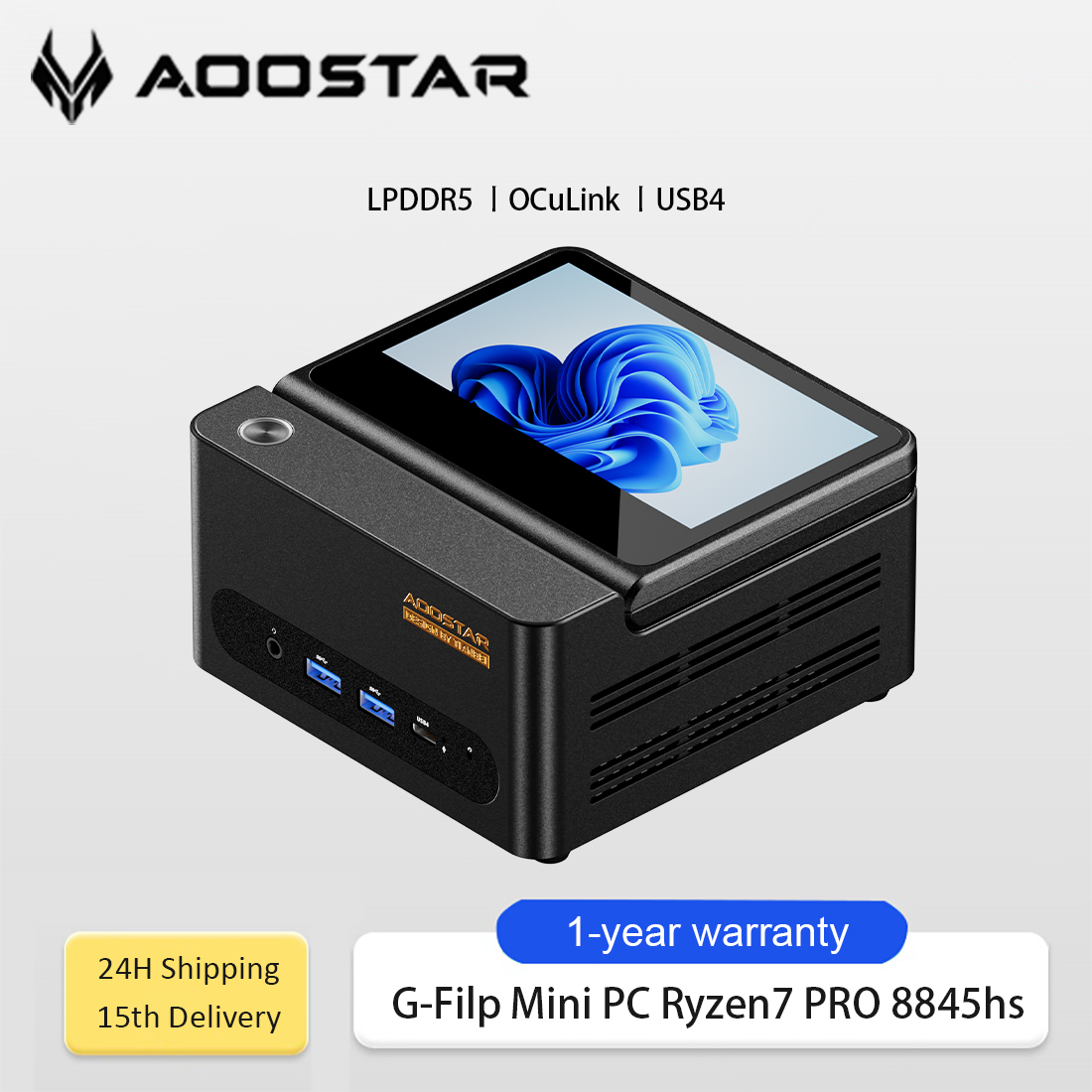 Aoostar G-FLIP Mini PC AMD Ryzen7 Pro 8845HS ordinateur de bureau de jeu haute performance 5 "écran tactile USB4 OCuLink pour Windows 11