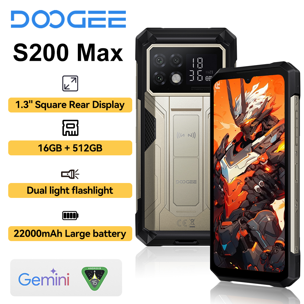 DOOGEE S200 Max, téléphone robuste, charge rapide 66 W, écran arrière 1,32", appels, 36 Go + 512 Go, batterie 22 000 mAh, smartphone Android 15