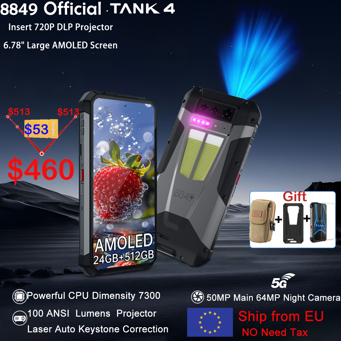 8849 Tank 4 Unihertz 5G projecteur Smartphone robuste 720P 100 Lumen 6.78 ''AMOLED 512G Android14 11600mAh dimension 7300 120Hz