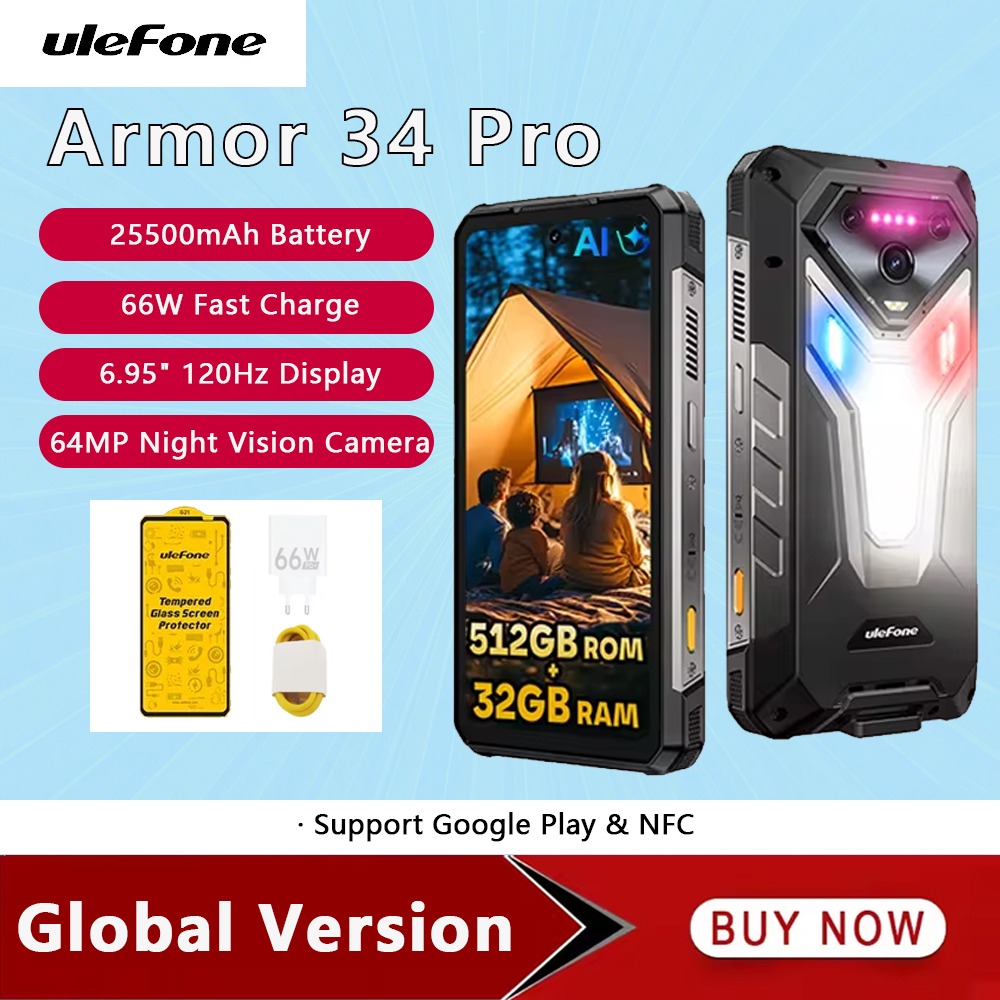 Ulefone Armor 34 Pro projecteur 5G AI Smartphone Android 15 25500mAh jusqu'à 32GB + 512GB téléphone portable 6.95 pouces 120Hz téléphone portable NFC