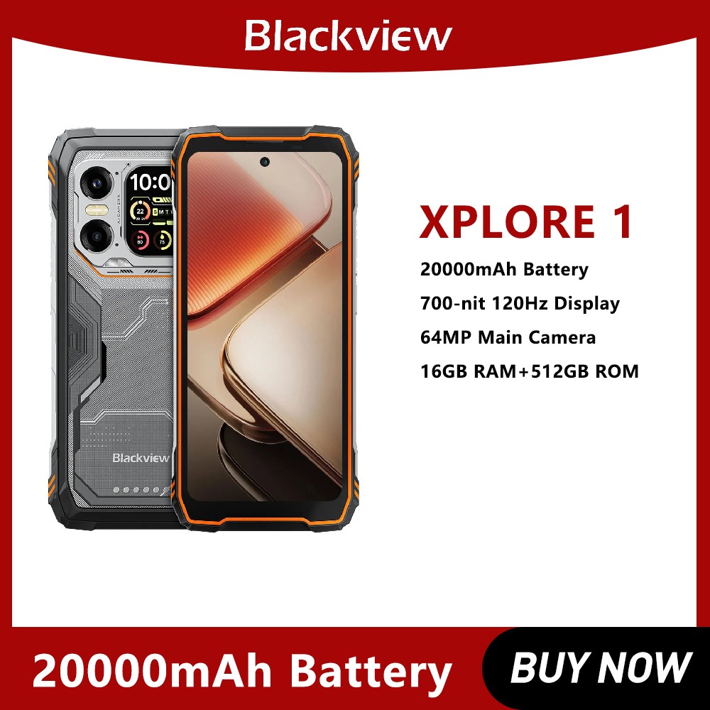 Blackview téléphone robuste 6.78 pouces 2.4K 16GB + 512GB XPLORE 1 téléphone portable 20000mAh 64MP 5G Smartphone étanche Android 15 NFC