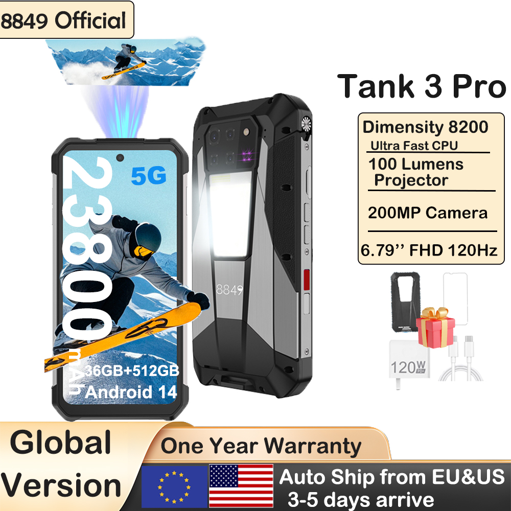 8849 Tank 3 Pro Unihertz Smartphone robuste 5G avec projecteur 100 Lumens 32/36GB 512GB 23800mAh Android 14 téléphones portables double Sim