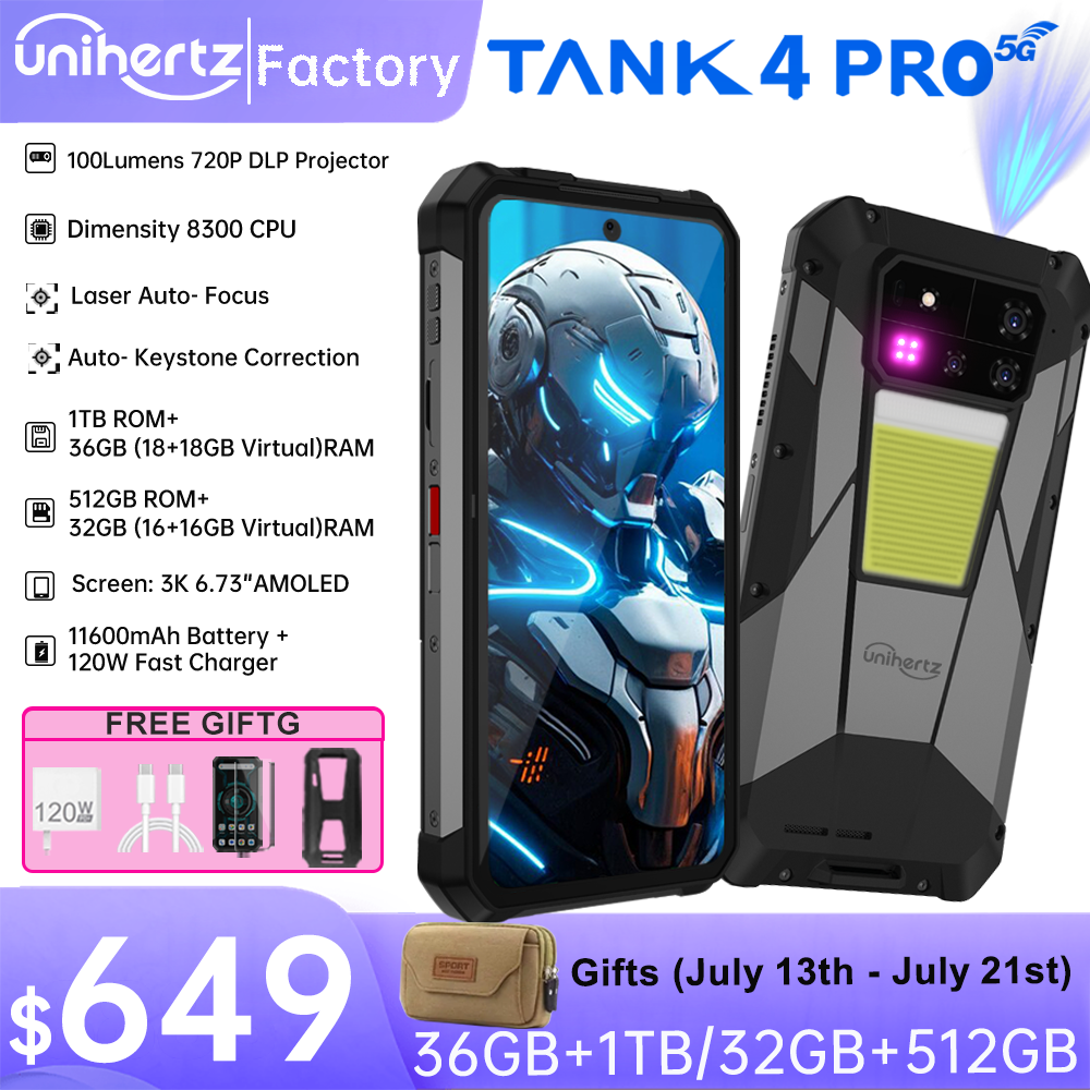 Unihertz 8849 Tank 4 Pro 5G projecteur Smartphone 36GB 1TB dimension 8300 Android 14 téléphone 11600mAh 720P projecteur 100 Lumens